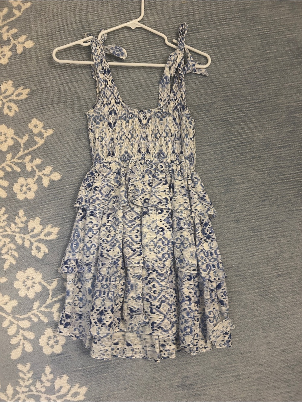 Olivaceous Blue and White Tiered Tie-Shoulder Mini Dress